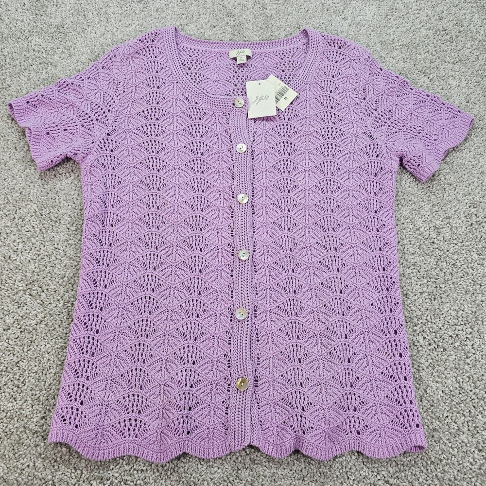 J Jill Lavender Crochet Knit Short Sleeve Button Up Cardigan Sweater Top M NWT